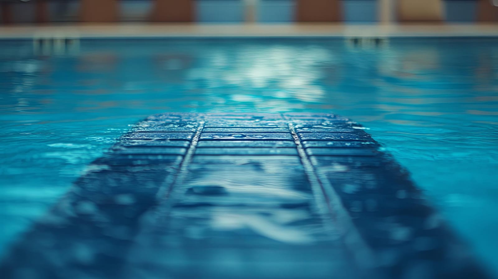 A close-up of a diving board against a defocused pool background