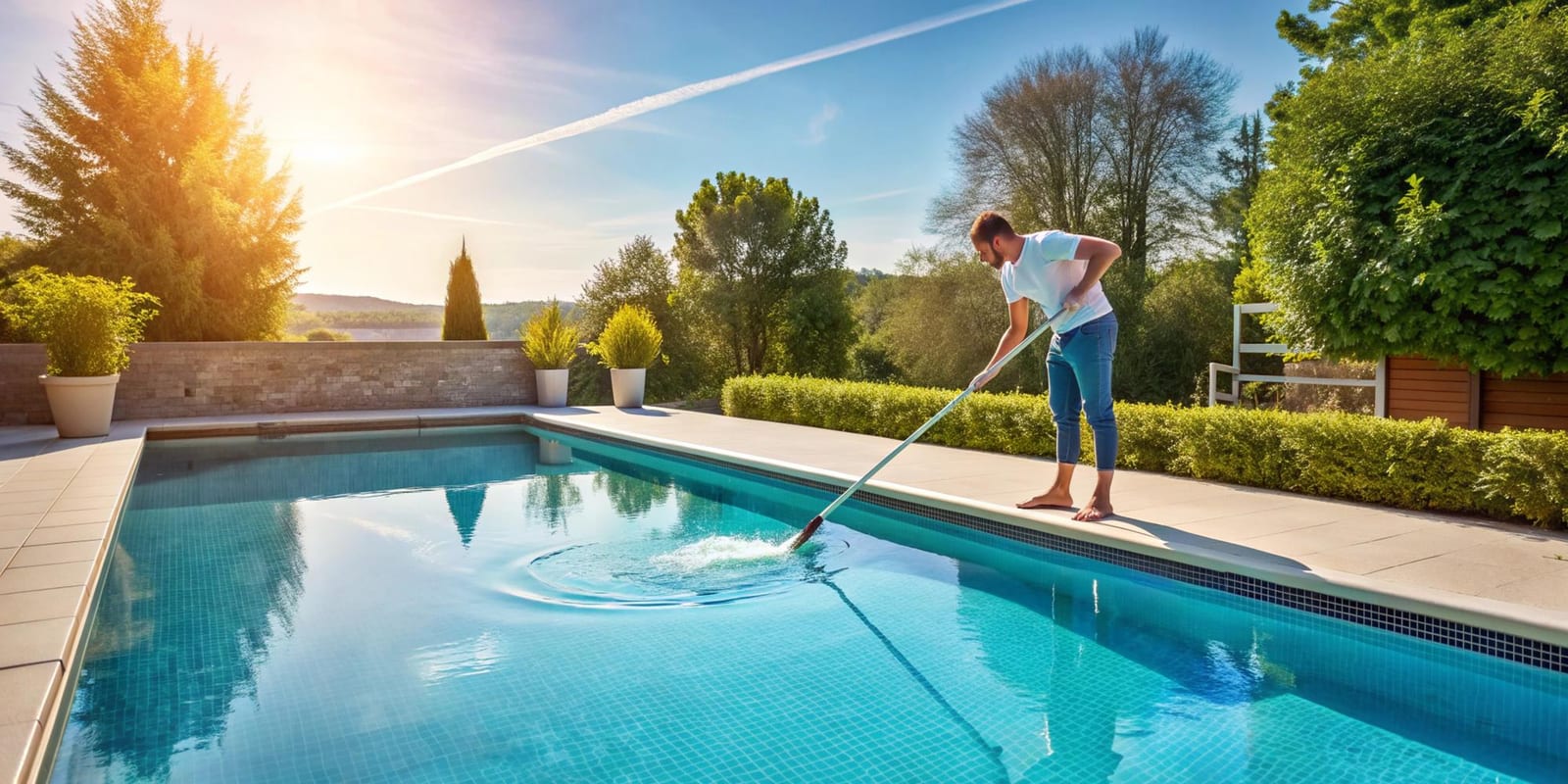 A technician performing routine pool and filter equipment maintenance
