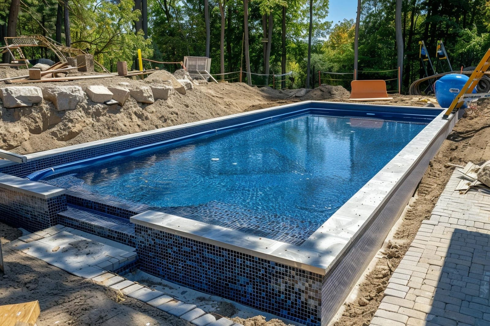 A pool under construction with equipment and materials staged beside the excavation
